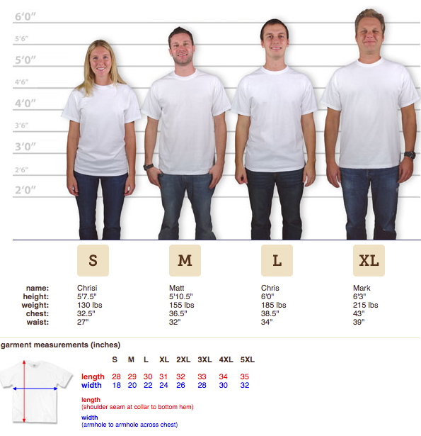 Men's WordCamp Shirt Sizing Chart